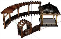 SU(草图大师)模型-木质的围墙 园门 花架 亭